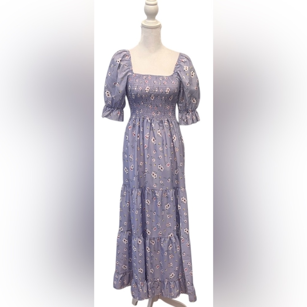Shein szS SS Smocked Square-Neck Lavender Floral Maxi Dress with slit EUC